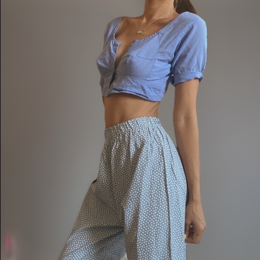 Vintage Elastic Band Blue Dotted High Waisted Pants Fit XS